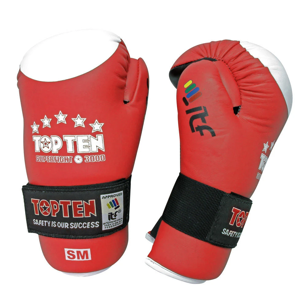 TopTen TOP TEN ITF Taekwon-Do Superfight Leather Red/White Open Hand Gloves, 2053-4 3 TopTen TOP TEN ITF Taekwon-Do Superfight Leather Red/White Open Hand Gloves, 2053-4